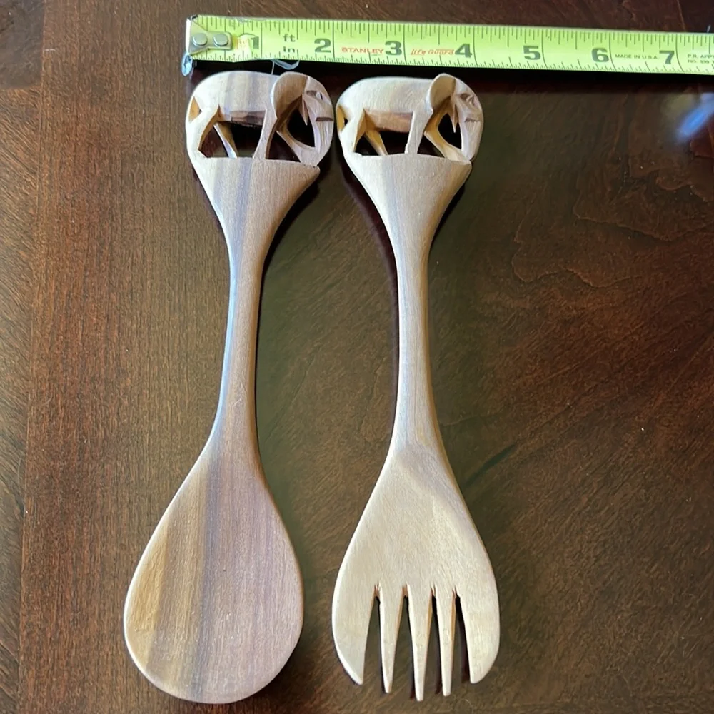 Vintage Small Wooden salad servers carved Elephant design